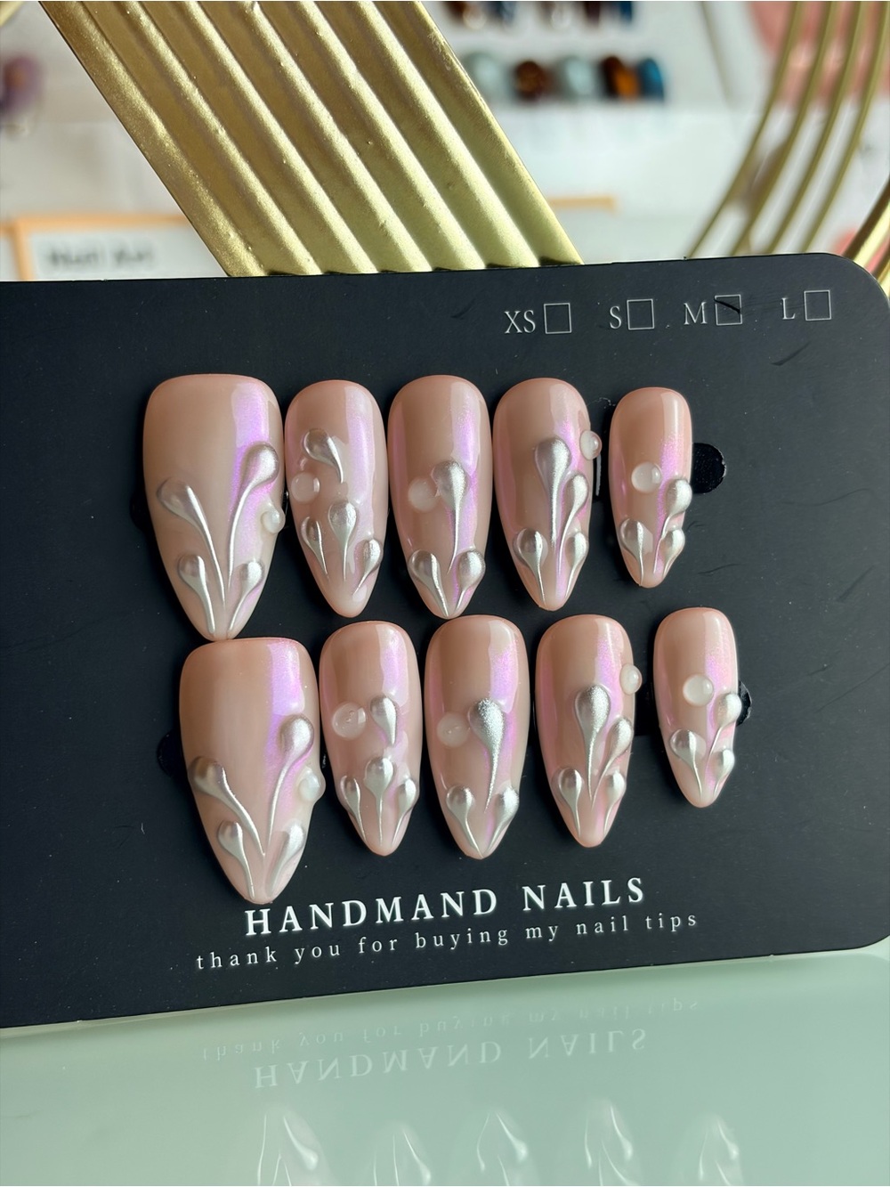 Handmand Nails Pink Iridescent 3D Floral Press-On Set Medium